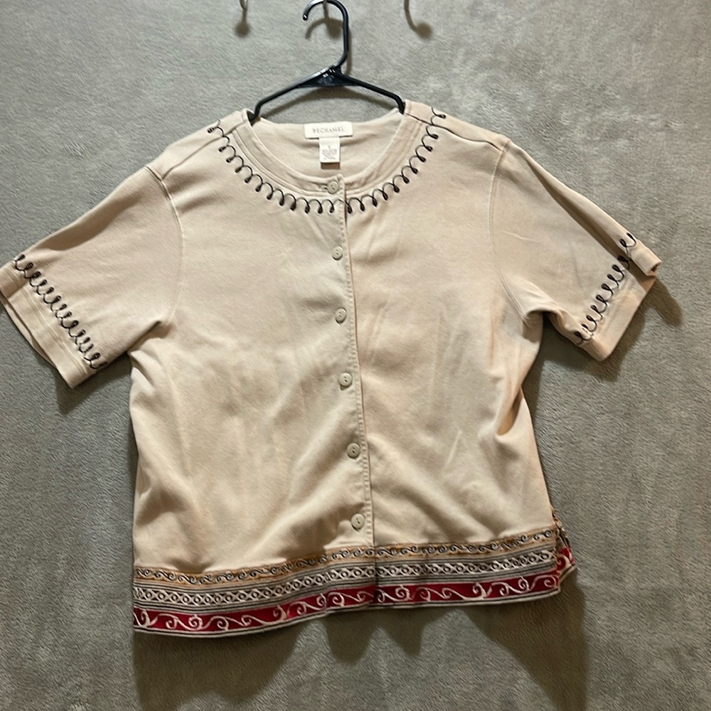 Bechamel Short Sleeve Beaded Accents Decorated Full Button Top Women Sz L Brown